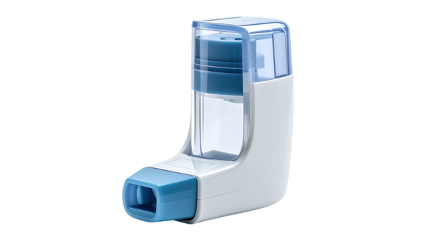A handheld inhaler, primarily white and light blue, with a transparent top and mouthpiece, designed for medication delivery