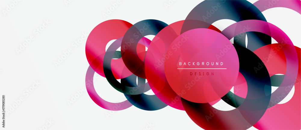 Poster abstract overlapping circles create dynamic composition. vibrant pinks, blues, purples blend seamles