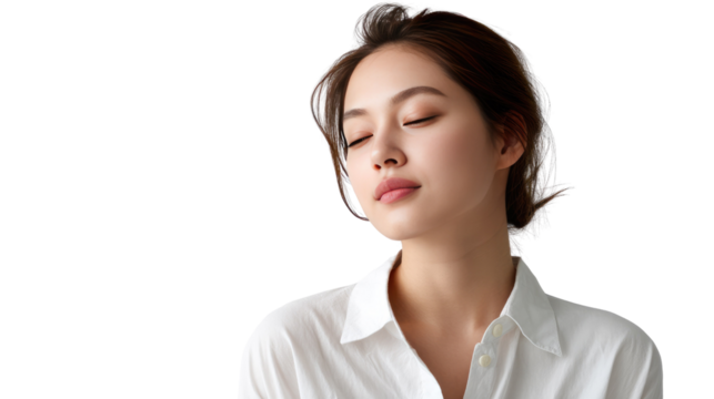 Serene Contemplation: A portrait captures the quiet elegance of a woman lost in peaceful contemplation, eyes gently closed, radiating tranquility and inner peace.