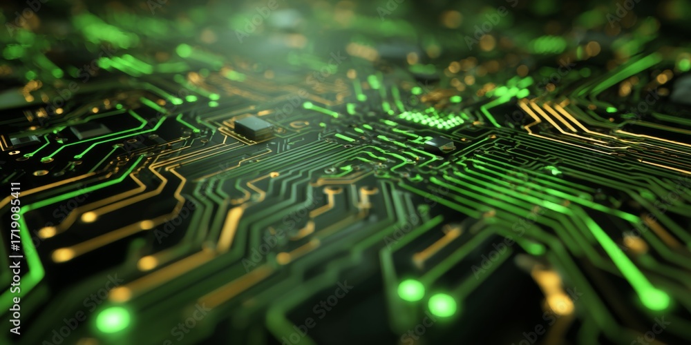 Poster abstract close-up of a circuit board with green lines and glowing elements in dark background