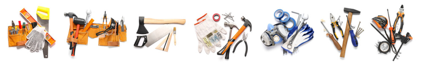 Collage of carpenter's supplies on white background