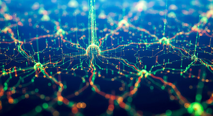 Artificial intelligence concept with glowing neural network, abstract technology background showing data processing and machine learning connections inside futuristic computer brain