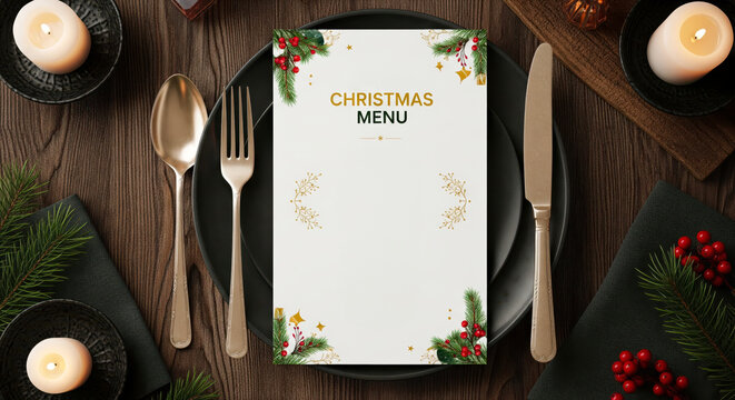 Elegant christmas menu mockup on black plate with festive decoration, holiday restaurant dinner template with copy space for winter celebration or party invitation