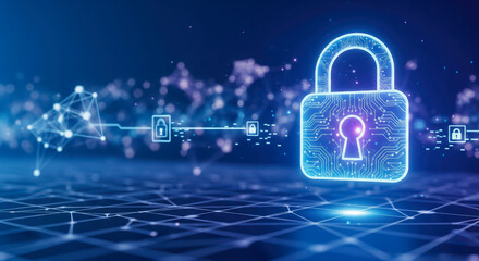 Cybersecurity concept with glowing digital padlock on abstract network background, data protection and internet privacy technology for business information security system