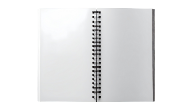 Open spiral-bound notebook with blank pages.  The notebook is open, displaying two blank white pages.  Dark gray spiral binding is visible.  The notebook has a simple, clean design