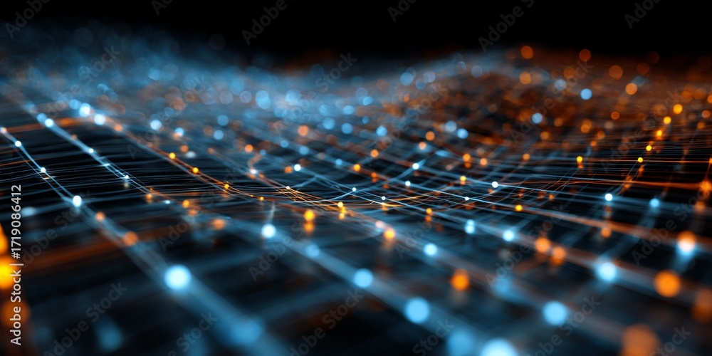 Poster abstract digital lines and shapes forming a futuristic grid network with bright colors and depth eff