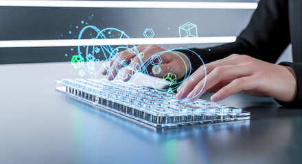 Developer hands typing on futuristic keyboard with glowing abstract holographic shapes, concept of creative coding, digital art design and innovative technology