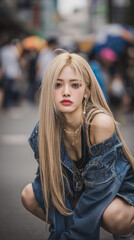 Stylish young woman posing in a busy street market in South Korea on a bright day
