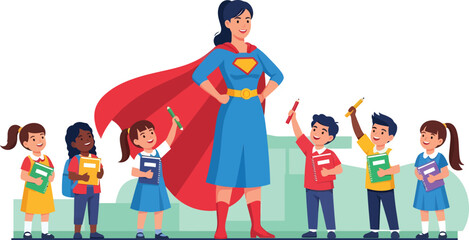 Superhero Teacher Woman with Students Illustration