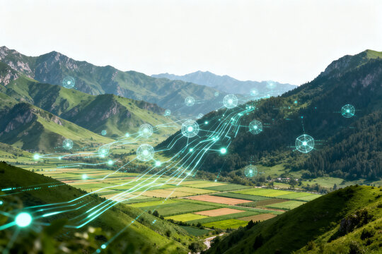 Digital network overlay on a mountainous rural landscape with green fields and glowing connections