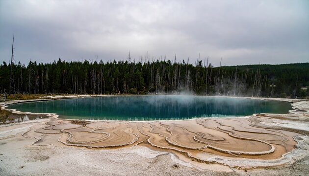 Freshwater spring boiling sand rosettes with mirrored forest calm representing hydrology patterns and tranquil habitat suitable for science education wellness brands and nature design