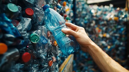 Obraz premium Hand sorting through a large pile of blue plastic water bottles for recycling