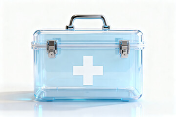 Obraz premium Transparent blue first aid kit with white medical cross symbol on a clean white background