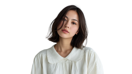 Elegant young woman posing: A captivating portrait of a young woman with a short bob hairstyle and a sophisticated expression, exuding poise and natural beauty against a clean backdrop.