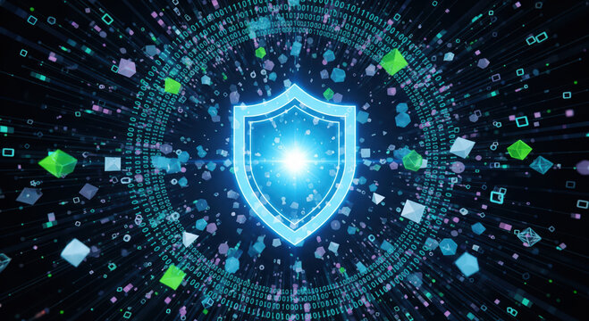 Cybersecurity concept with glowing shield icon in digital data tunnel, network protection and internet security technology for business and privacy