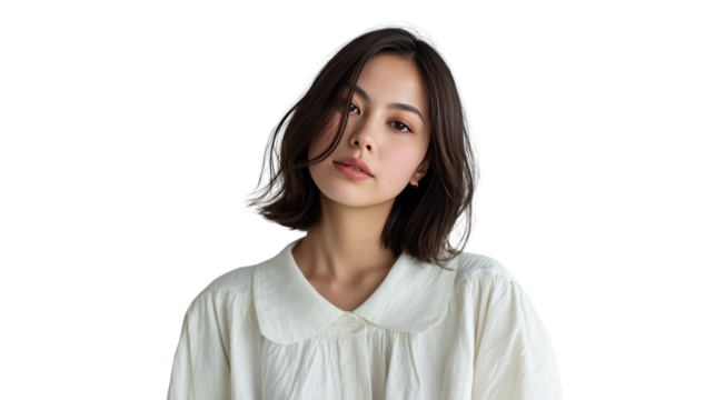 Elegant young woman posing: A captivating portrait of a young woman with a short bob hairstyle and a sophisticated expression, exuding poise and natural beauty against a clean backdrop.