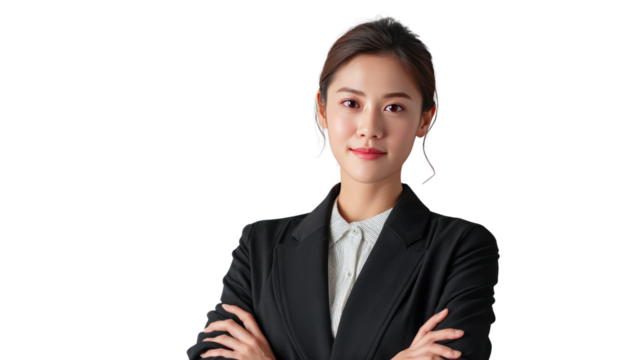 Confident Professional: A poised woman, dressed in a sleek business suit, exudes confidence with her arms crossed, conveying a sense of assuredness and professional readiness.
