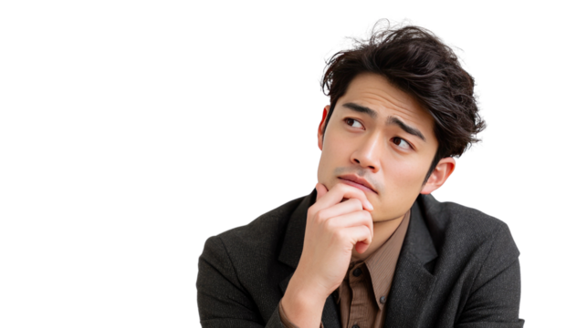 Man in Contemplation: A sharp man, lost in thought, touches his chin with one hand as he gazes off to the side, looking to solve the problem, in a photorealistic setting.