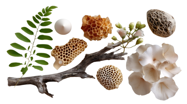 Nature's Composition: An artful assembly of natural elements, featuring a dried branch, intricate coral-like structures, delicate flora, and a smooth, spherical object.