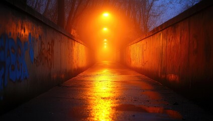 Misty, graffiti-tagged tunnel lit by orange streetlights