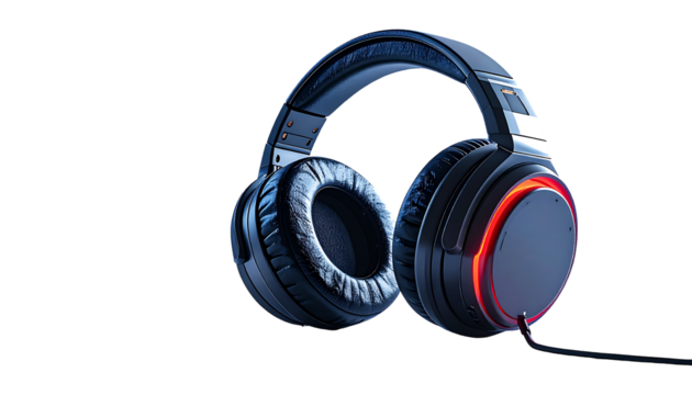 Over-ear headphones with circumaural pads, a gray and silver color scheme, and a vibrant red illuminated ring around one earcup, angled slightly
