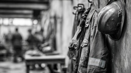 Greyscale worker's coat and helmet hanging on a wall, with indistinct workers in background