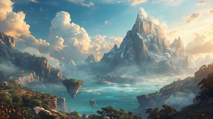A surreal fantasy landscape featuring floating mountains above a crystal-clear lake, illuminated by golden sunlight. Highly detailed clouds and vibrant 8K resolution create a dreamlike,  