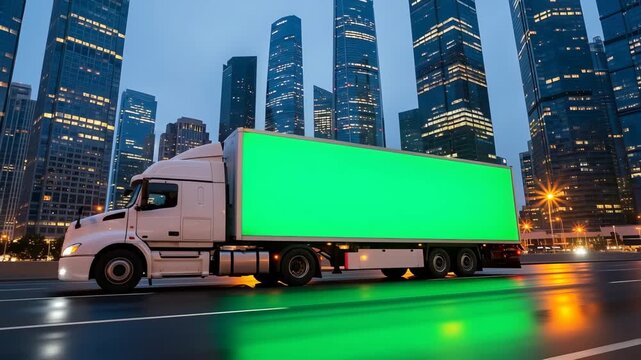 White semi truck with green screen trailer driving on wet highway at night with glowing city skyscrapers background motion blur