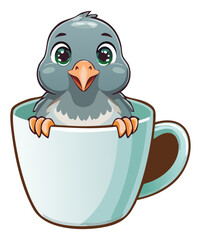 A sweet cartoon pigeon bird peeking from a teacup, a lovely and whimsical illustration for a morning tea or coffee design