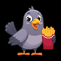 A cute cartoon pigeon bird holding a box of french fries, a funny and charming illustration of a city animal's favorite snack