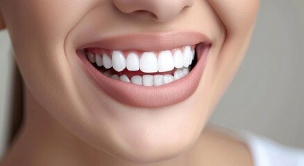 Obraz premium Close-up of a bright, healthy smile with even, white teeth and subtly pink lips. The image shows a portion of the face, focusing on the mouth