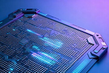 Futuristic circuit board with illuminated pathways and advanced microchip design