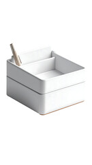 A white two-tiered desk organizer with a light wood pen holder, featuring a simple, modern design and square shape