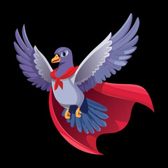 Mighty superhero pigeon cartoon bird with a red cape, flying high to save the day and represent bravery and heroism
