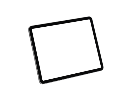 A sleek, black tablet computer with a blank white screen, angled slightly, isolated on a transparent background