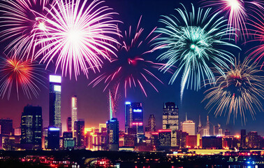 Fototapeta premium Colorful New Year Fireworks over City Skyline | Cinematic Hyperrealistic Render