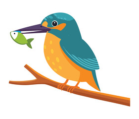 A cute cartoon kingfisher bird with a leaf on a branch, a charming and peaceful representation of a wild bird
