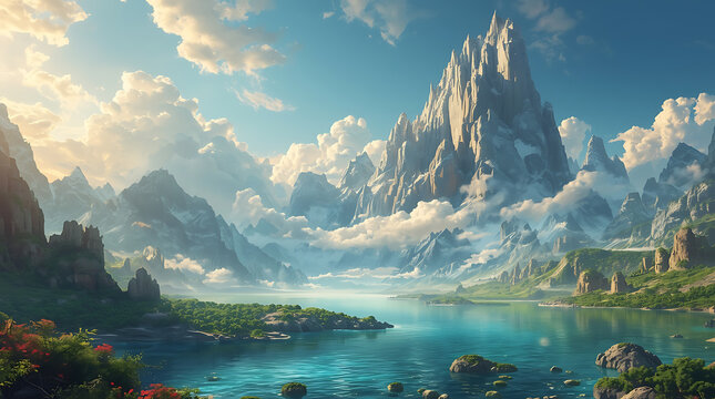 A surreal fantasy landscape featuring floating mountains above a crystal-clear lake, illuminated by golden sunlight. Highly detailed clouds and vibrant 8K resolution create a dreamlike,  