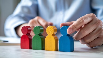 Human resources manager selects a candidate from a diverse group of colorful wooden figures representing people in a team