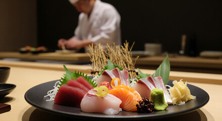 A plate of sashimi with a various type of fresh fish in a omakase restaurant