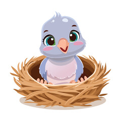 An adorable baby pigeon sitting in a nest, looking cute and fluffy with wide innocent eyes