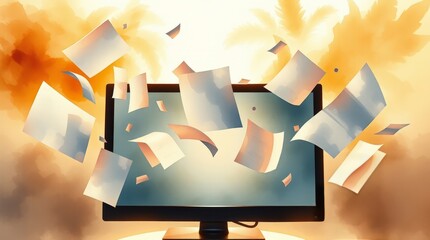 Digital Freedom: Paper documents fly from a computer screen, symbolizing information release and online document usage in a digital world.