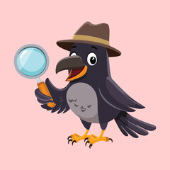A charming cartoon crow detective with a hat and magnifying glass, perfect for a quirky and smart character design