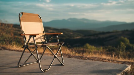 A solitary folding camp chair sits on a paved path overlooking a vast mountainous landscape under a soft cloudy sky