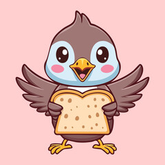 A cute baby sparrow holds a slice of toast, a charming and adorable cartoon illustration for a morning or breakfast theme