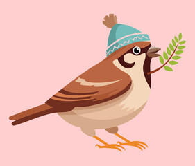 A charming sparrow wears a cozy brown beanie, holding a fresh green sprig, exuding a serene and gentle character