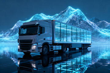 Modern truck with transparent trailer on reflective surface against digital wave background