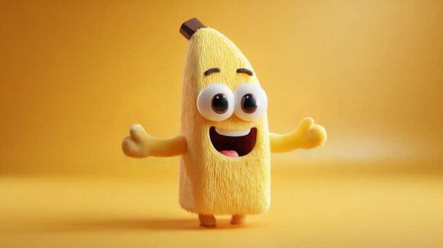 A cartoon banana with a happy expression, arms outstretched, against a plain yellow background