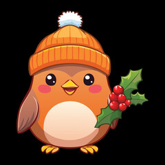 A charming and whimsical robin wearing a cozy winter hat, ready for the Christmas season with a sprig of holly