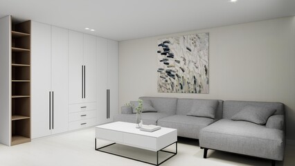 Contemporary living room with sleek white wardrobes, open shelving, a modern grey sectional sofa, abstract wall art, and a minimalist coffee table with clean lines